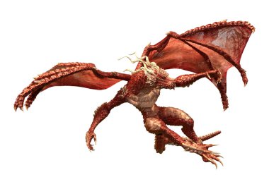 Beyaz arka planda izole edilmiş bir fantezi ejderhanın 3 boyutlu canlandırması