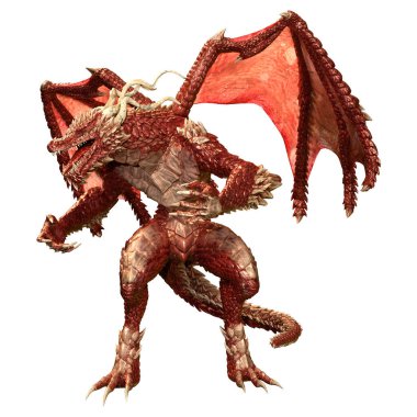 Beyaz arka planda izole edilmiş bir fantezi ejderhanın 3 boyutlu canlandırması