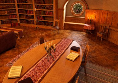 3D rendering of an old library interior