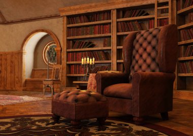 3D rendering of an old library interior