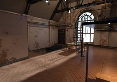 Eski endüstriyel bir dairenin 3 boyutlu tasarımı.