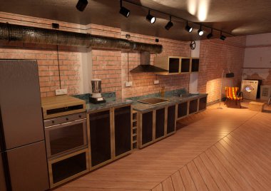 Eski endüstriyel bir dairenin 3 boyutlu tasarımı.