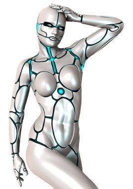 Beyaz arka planda izole edilmiş bir kadın robotun 3 boyutlu canlandırması