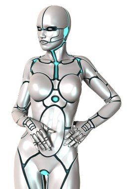 Beyaz arka planda izole edilmiş bir kadın robotun 3 boyutlu canlandırması