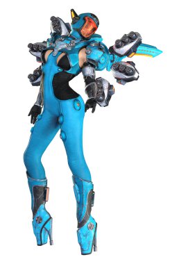 Beyaz arkaplanda izole edilmiş bir uzay süper kadınının 3 boyutlu canlandırması