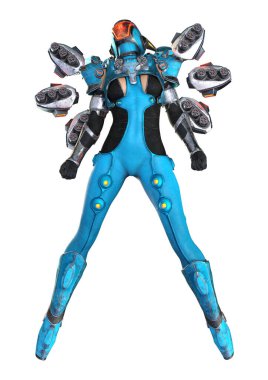 Beyaz arkaplanda izole edilmiş bir uzay süper kadınının 3 boyutlu canlandırması