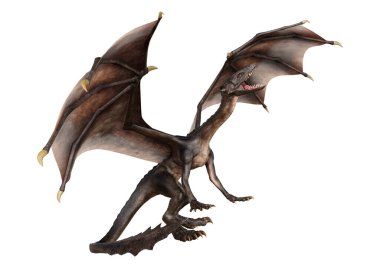 Beyaz arka planda izole edilmiş bir fantezi ejderhanın 3 boyutlu canlandırması