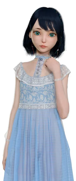 Rendering Einer Hübschen Puppe Einem Blauen Vintage Kleid Isoliert Auf — Stockfoto