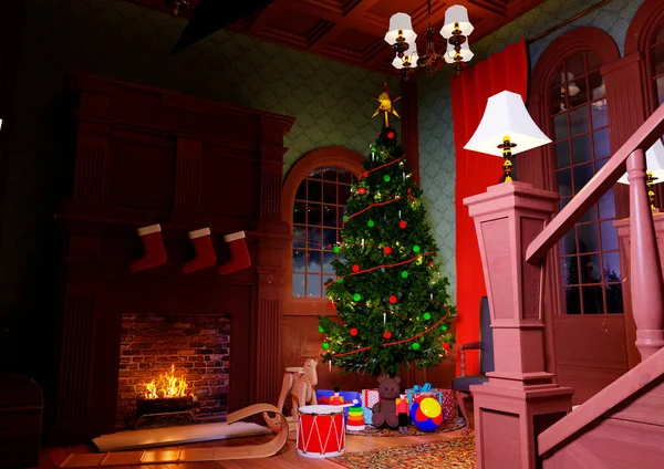 Illustration Christmas Decorated Room Fireplace Gifts Christmas Tree — Stok fotoğraf