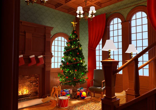 Ilustracja Christmas Urządzony Pokój Kominkiem Prezenty Choinkę — Zdjęcie stockowe