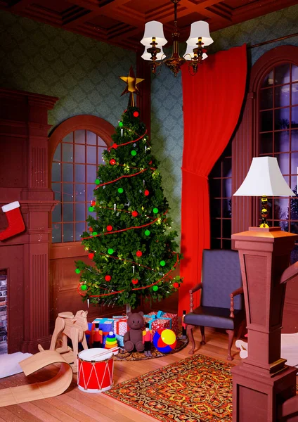 Ilustracja Christmas Urządzony Pokój Prezentami Choinką — Zdjęcie stockowe
