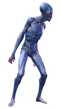 Beyaz arka planda izole edilmiş mavi bir uzaylının 3 boyutlu görüntüsü