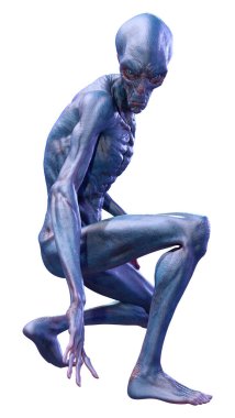 Beyaz arka planda izole edilmiş mavi bir uzaylının 3 boyutlu görüntüsü