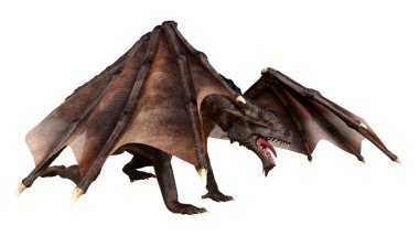 Beyaz arka planda izole edilmiş bir fantezi ejderhanın 3 boyutlu canlandırması