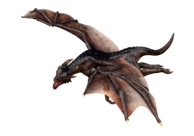 Beyaz arka planda izole edilmiş bir fantezi ejderhanın 3 boyutlu canlandırması