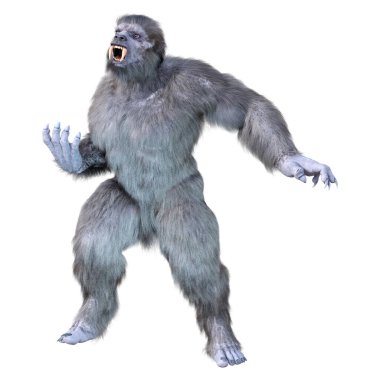 Bir kar canavarı ya da beyaz arka planda izole edilmiş bir Koca Ayak 'ın 3 boyutlu görüntüsü