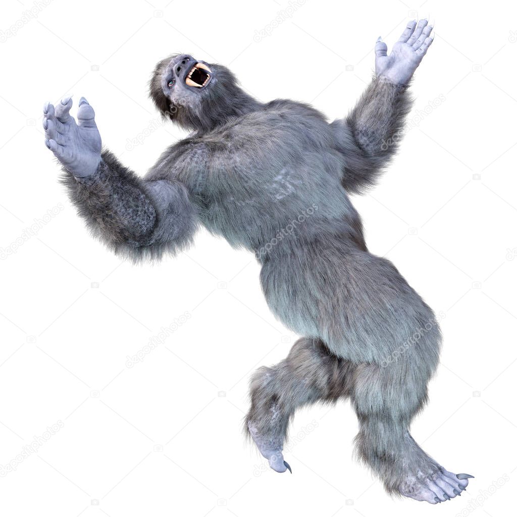 3D rendering of a snow beast creature or a Bigfoot isolated on white background