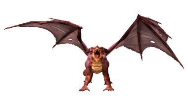 Beyaz arka planda izole edilmiş bir fantezi ejderhanın 3 boyutlu canlandırması