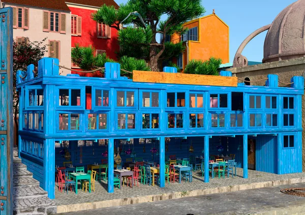 外の地中海居酒屋の3Dレンダリング — ストック写真
