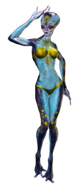 Beyaz arka planda izole edilmiş mavi dişi bir uzaylının 3 boyutlu görüntüsü