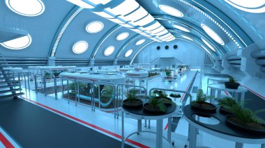 Bir bilim kurgu botanik laboratuvarının 3 boyutlu canlandırması