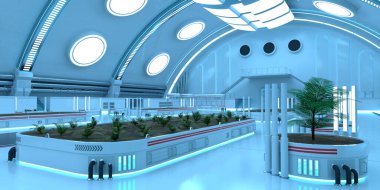 Bir bilim kurgu botanik laboratuvarının 3 boyutlu canlandırması