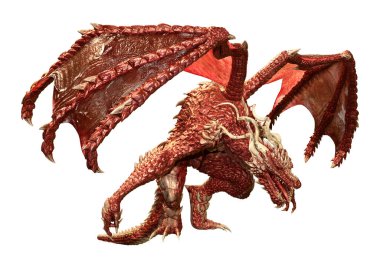 Beyaz arka planda izole edilmiş bir fantezi ejderhanın 3 boyutlu canlandırması