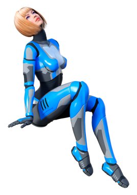 Beyaz arka planda izole edilmiş bir kadın robotun 3 boyutlu canlandırması