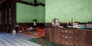 Gotik bir kütüphanenin 3B görüntülemesi