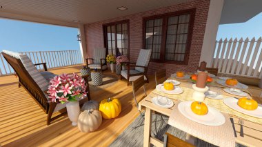 Rahatlatıcı bir sonbahar verandasının 3 boyutlu görüntülemesi