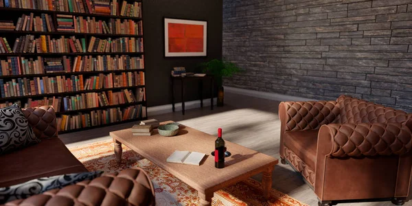 3D rendering of a private library interior