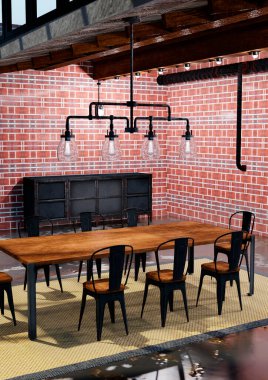 Sanayi tipi bir yemek odasının 3 boyutlu görüntüsü.