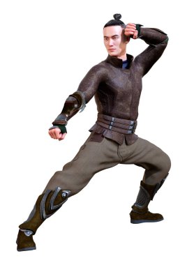 Beyaz arka planda kung fu yapan Asyalı genç bir adamın 3 boyutlu görüntüsü.