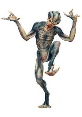 Beyaz arka planda izole edilmiş mavi bir uzaylının 3 boyutlu görüntüsü