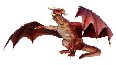 Beyaz arka planda izole edilmiş bir fantezi ejderhanın 3 boyutlu canlandırması