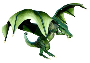 Beyaz arka planda izole edilmiş bir fantezi ejderhanın 3 boyutlu canlandırması