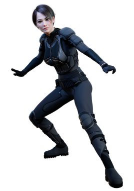 Beyaz arka planda izole edilmiş bir bilim kurgu savaşçısı kadının 3 boyutlu görüntüsü