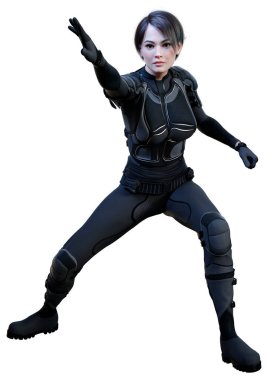 Beyaz arka planda izole edilmiş bir bilim kurgu savaşçısı kadının 3 boyutlu görüntüsü