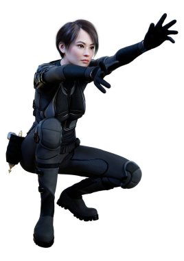 Beyaz arka planda izole edilmiş bir bilim kurgu savaşçısı kadının 3 boyutlu görüntüsü