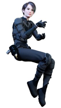 Beyaz arka planda izole edilmiş bir bilim kurgu savaşçısı kadının 3 boyutlu görüntüsü