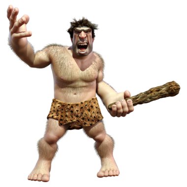 Beyaz arka planda izole edilmiş bir sopa tutan bir mağara adamının 3 boyutlu görüntüsü.