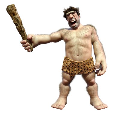 Beyaz arka planda izole edilmiş bir sopa tutan bir mağara adamının 3 boyutlu görüntüsü.