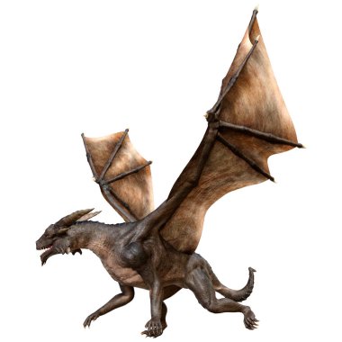 Beyaz arka planda izole edilmiş bir fantezi ejderhanın 3 boyutlu canlandırması