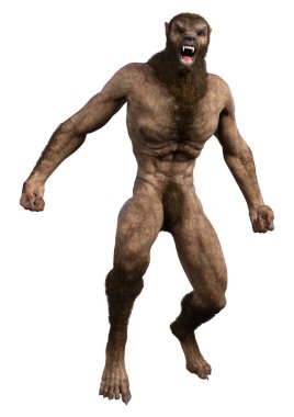 Beyaz arka planda 3 boyutlu bir kurt adam ya da Lycanthrope görüntüsü izole edilmiş.
