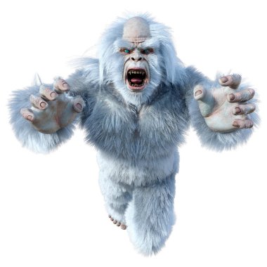 Yeti 'nin beyaz arka planda izole ettiği 3 boyutlu bir fantezi yaratığı.