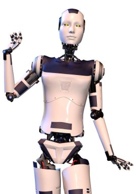 Beyaz arka planda izole edilmiş bir kadın robotun 3 boyutlu canlandırması