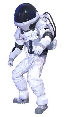 Uzay giysisi giyen bir uzay adamının beyaz arka planda izole edilmiş üç boyutlu görüntüsü