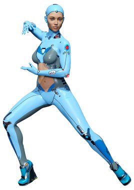 Beyaz arka planda izole edilmiş bir kadın robotun 3 boyutlu canlandırması