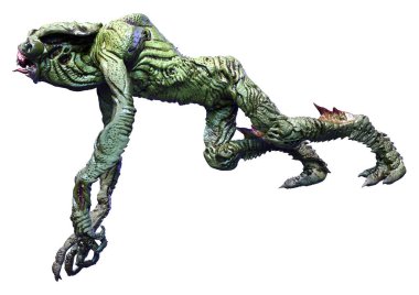 Beyaz arka planda izole edilmiş yeşil bir uzaylının 3 boyutlu görüntüsü