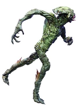 Beyaz arka planda izole edilmiş yeşil bir uzaylının 3 boyutlu görüntüsü